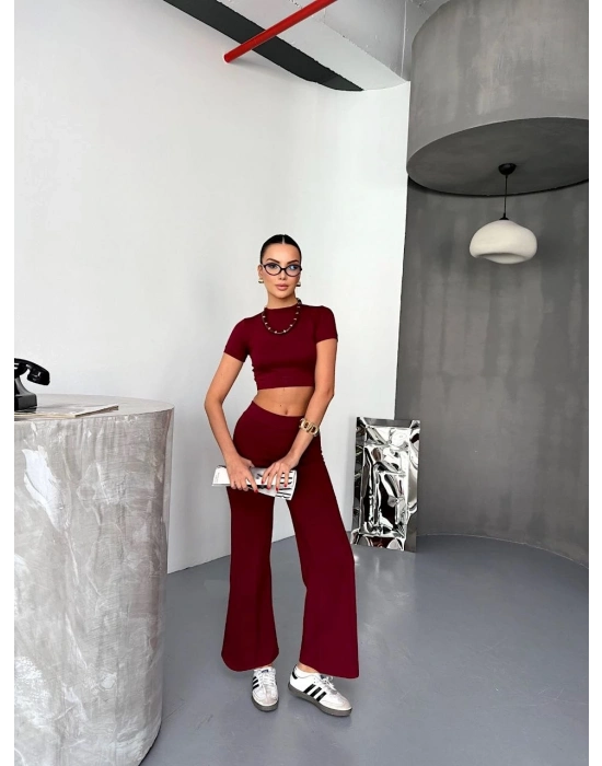 Osy Modal Yumuşak Dokulu Kumaş Kısa Kollu Crop Alt ispanyol Paça Pantalon ikili Takım - Bordo -