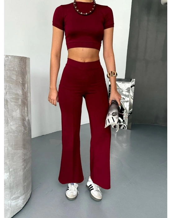 Osy Modal Yumuşak Dokulu Kumaş Kısa Kollu Crop Alt ispanyol Paça Pantalon ikili Takım - Bordo -