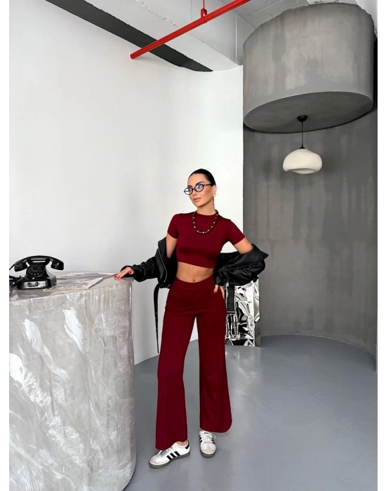 Osy Modal Yumuşak Dokulu Kumaş Kısa Kollu Crop Alt ispanyol Paça Pantalon ikili Takım - Bordo -