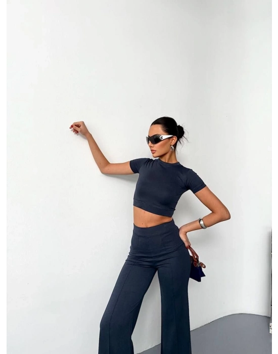 Osy Modal Yumuşak Dokulu Kumaş Kısa Kollu Crop Alt ispanyol Paça Pantalon ikili Takım - Füme -