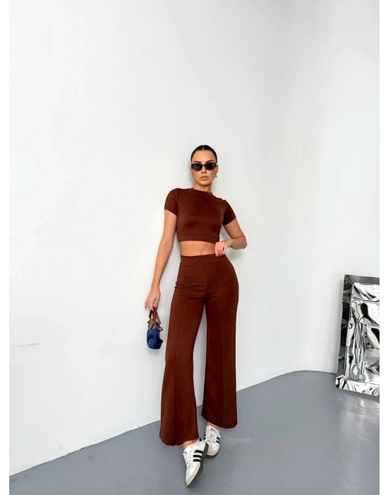 Osy Modal Yumuşak Dokulu Kumaş Kısa Kollu Crop Alt ispanyol Paça Pantalon ikili Takım - Kahverengi -