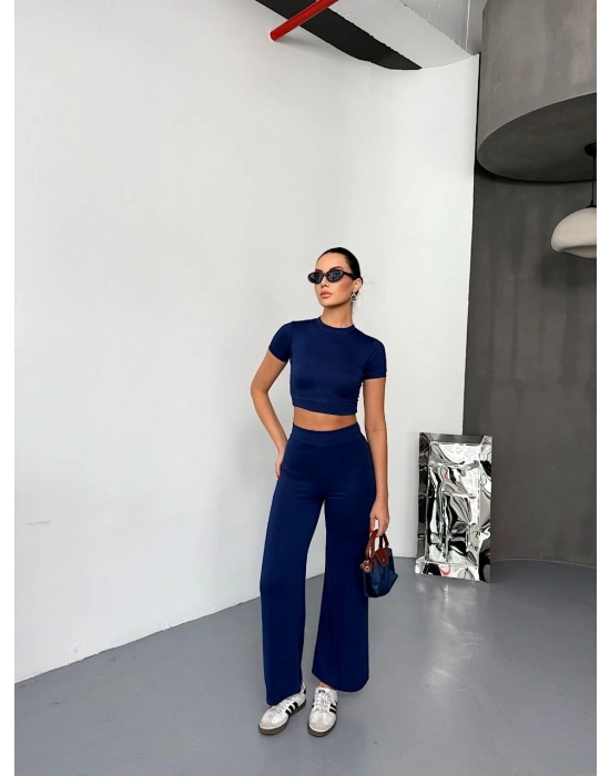 Osy Modal Yumuşak Dokulu Kumaş Kısa Kollu Crop Alt ispanyol Paça Pantalon ikili Takım - Lacivert -