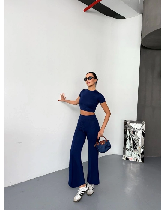 Osy Modal Yumuşak Dokulu Kumaş Kısa Kollu Crop Alt ispanyol Paça Pantalon ikili Takım - Lacivert -