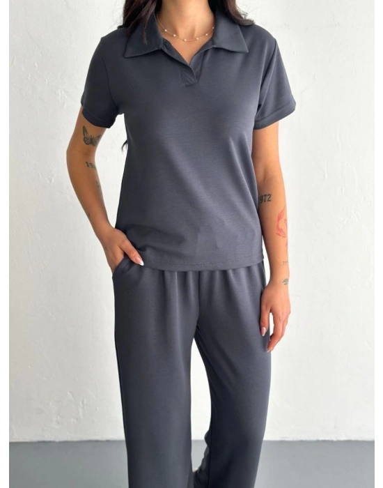 Osy Modal Yumuşak Dokulu Kumaş Kısa Kollu Yakalı T-shirt Pantalon ikili Takım- Antrasit -