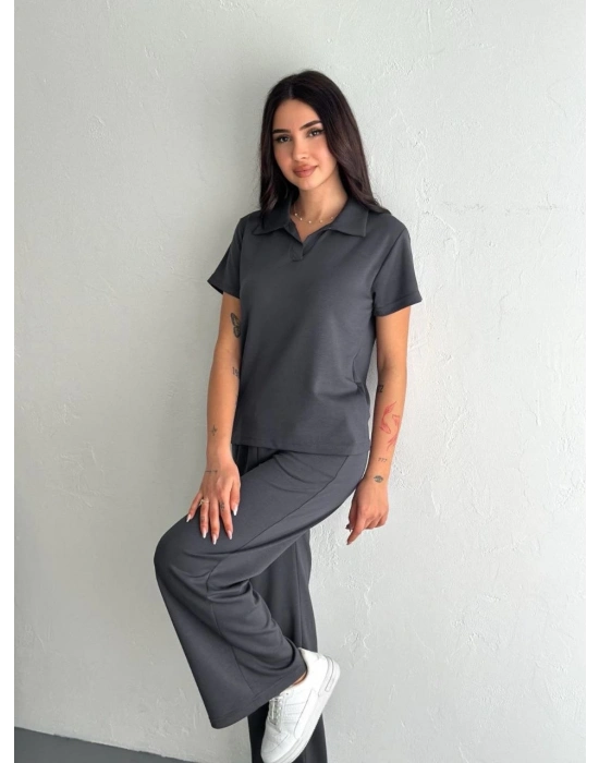 Osy Modal Yumuşak Dokulu Kumaş Kısa Kollu Yakalı T-shirt Pantalon ikili Takım- Antrasit -