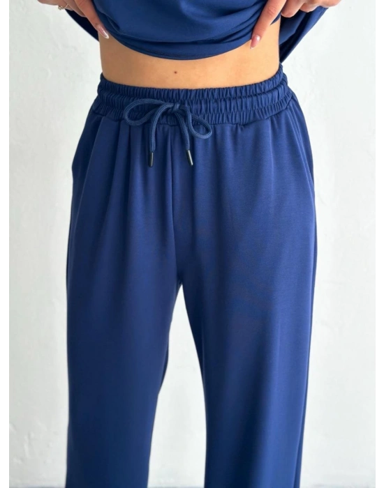 Osy Modal Yumuşak Dokulu Kumaş Kısa Kollu Yakalı T-shirt Pantalon ikili Takım- Lacivert -