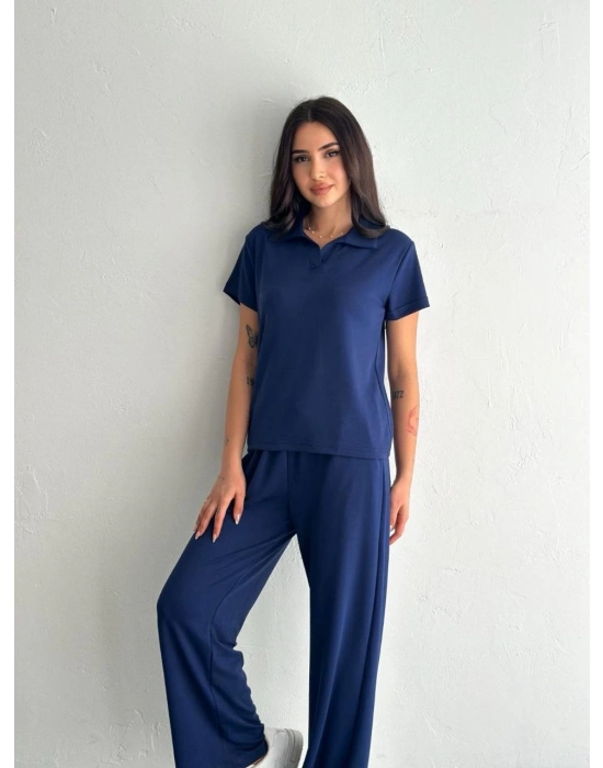 Osy Modal Yumuşak Dokulu Kumaş Kısa Kollu Yakalı T-shirt Pantalon ikili Takım- Lacivert -