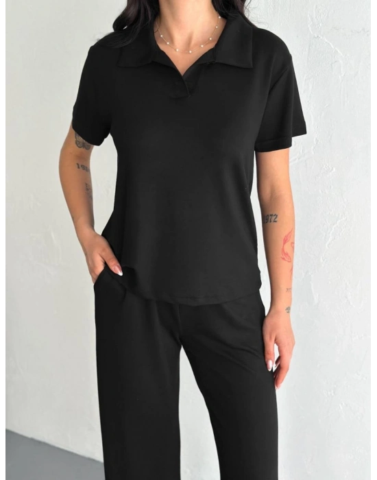 Osy Modal Yumuşak Dokulu Kumaş Kısa Kollu Yakalı T-shirt Pantalon ikili Takım- Siyah -