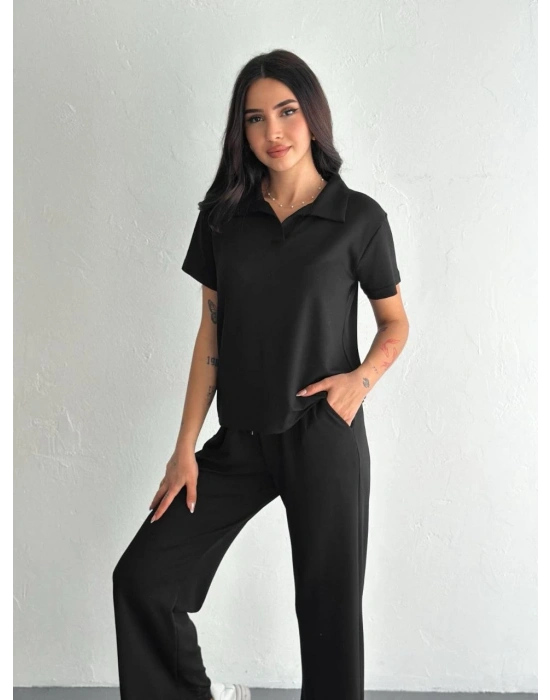 Osy Modal Yumuşak Dokulu Kumaş Kısa Kollu Yakalı T-shirt Pantalon ikili Takım- Siyah -