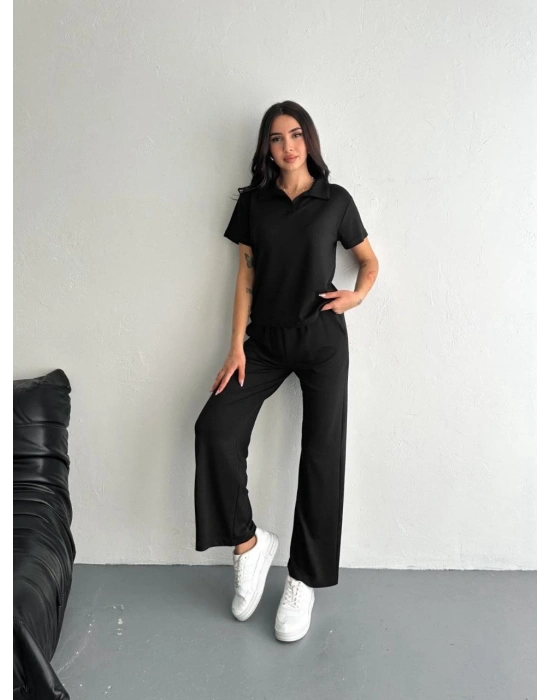 Osy Modal Yumuşak Dokulu Kumaş Kısa Kollu Yakalı T-shirt Pantalon ikili Takım- Siyah -