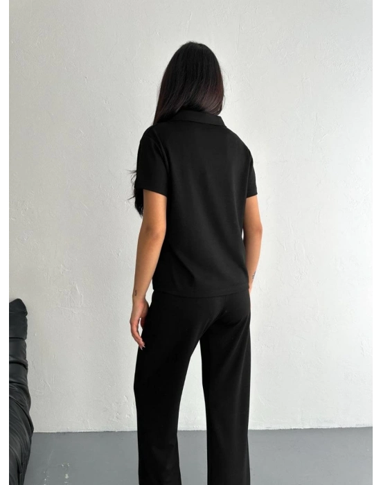 Osy Modal Yumuşak Dokulu Kumaş Kısa Kollu Yakalı T-shirt Pantalon ikili Takım- Siyah -