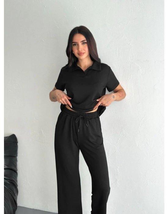 Osy Modal Yumuşak Dokulu Kumaş Kısa Kollu Yakalı T-shirt Pantalon ikili Takım- Siyah -