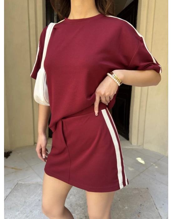Osy Modal yumuşak dokulu Kumaş Mini Şortlu Etek İkili Takım -Bordo -