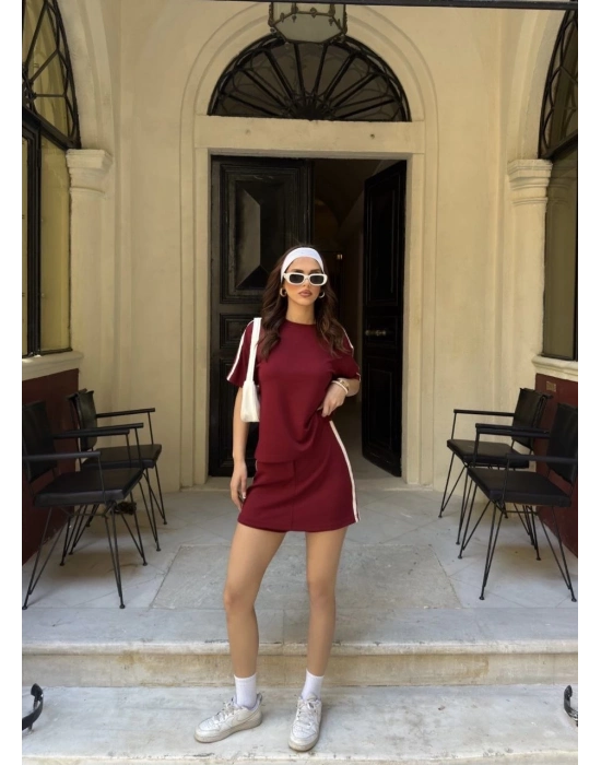 Osy Modal yumuşak dokulu Kumaş Mini Şortlu Etek İkili Takım -Bordo -