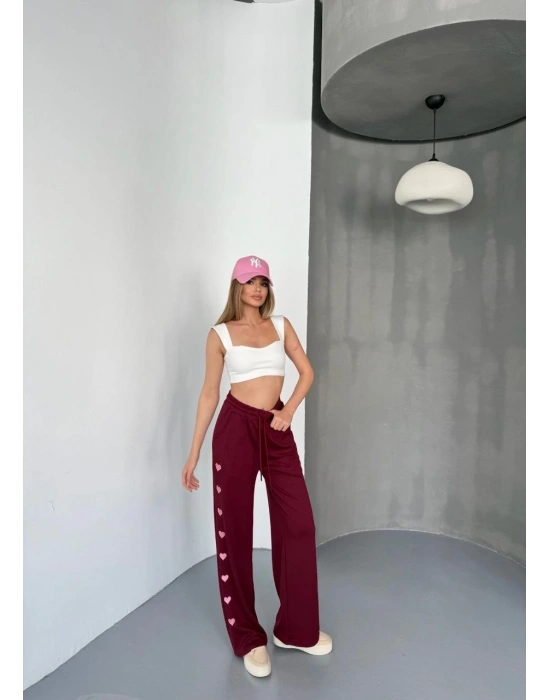 Osy Modal Yumuşak Dokulu Kumaş Nakış işlemeli Rahat Bol Paça Eşofman Pantalon - Bordo -