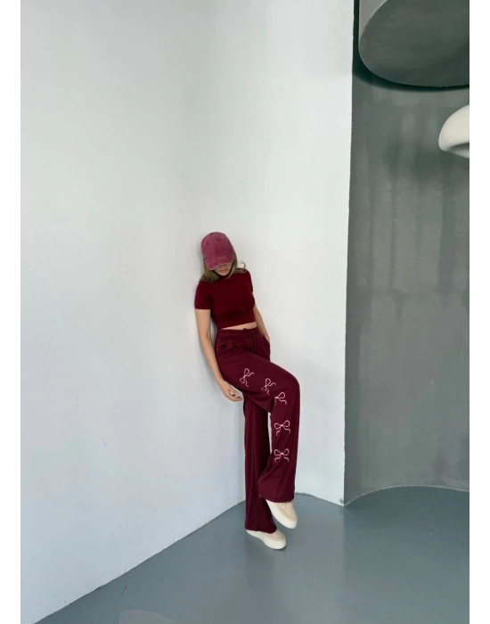 Osy Modal Yumuşak Dokulu Kumaş Nakış işlemeli Rahat Bol Paça Eşofman Pantalon - Bordo -