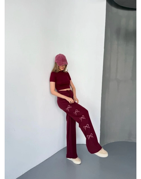 Osy Modal Yumuşak Dokulu Kumaş Nakış işlemeli Rahat Bol Paça Eşofman Pantalon - Bordo -