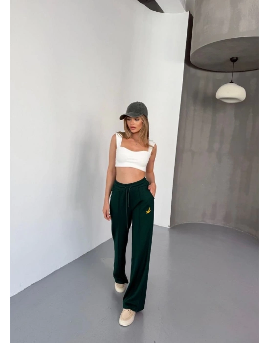 Osy Modal Yumuşak Dokulu Kumaş Nakış işlemeli Rahat Bol Paça Eşofman Pantalon - Yeşil -