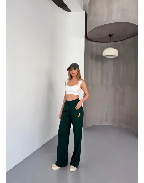 Osy Modal Yumuşak Dokulu Kumaş Nakış işlemeli Rahat Bol Paça Eşofman Pantalon - Yeşil -