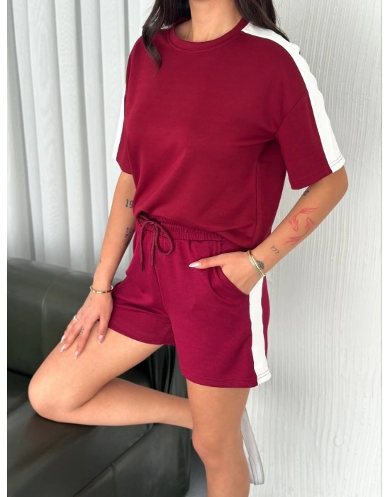Osy Modal yumuşak dokulu Kumaş   Parçalı Bisiklet Yaka T-shirt Kısa Şort İkili Takım - Bordo -