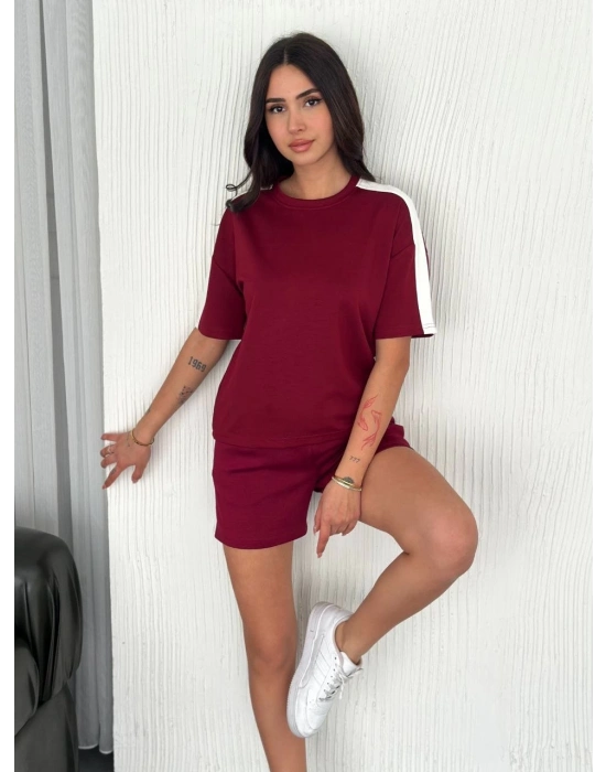 Osy Modal yumuşak dokulu Kumaş   Parçalı Bisiklet Yaka T-shirt Kısa Şort İkili Takım - Bordo -