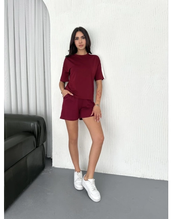 Osy Modal yumuşak dokulu Kumaş   Parçalı Bisiklet Yaka T-shirt Kısa Şort İkili Takım - Bordo -