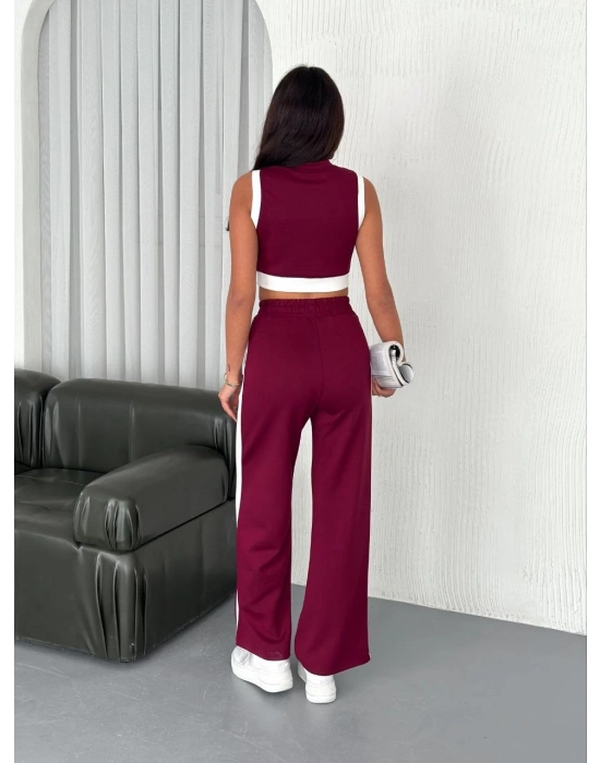Osy Modal Yumuşak Dokulu Kumaş Tam Fermuarlı Crop Pantalon İkili Takım - Bordo -