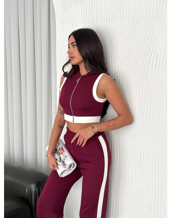 Osy Modal Yumuşak Dokulu Kumaş Tam Fermuarlı Crop Pantalon İkili Takım - Bordo -