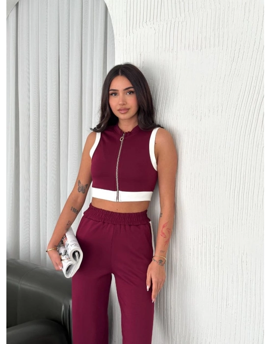 Osy Modal Yumuşak Dokulu Kumaş Tam Fermuarlı Crop Pantalon İkili Takım - Bordo -
