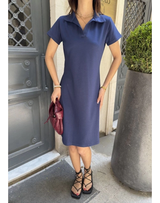 Osy Modal Yumuşak Dokulu Kumaş Yakalı Kısa Kollu Elbise - Mavi -