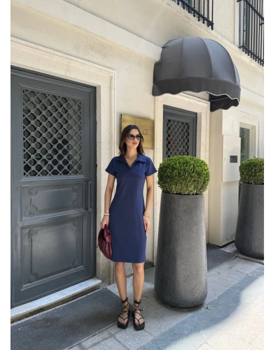 Osy Modal Yumuşak Dokulu Kumaş Yakalı Kısa Kollu Elbise - Mavi -