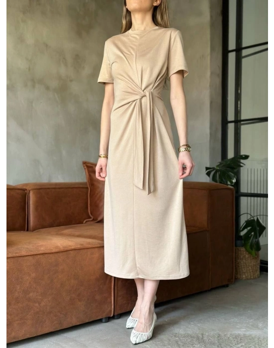 Osy Modal Yumuşak Dokulu Kumaş Yandan Bağlamalı Elbise - Bej -