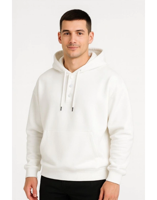 Ovarsize Kapüşonlu  sweatshirt Kanguru Çepli Cıtcıtlı 3 iplik Şardonlu Hoodie - Beyaz -