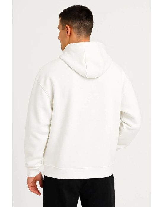 Ovarsize Kapüşonlu  sweatshirt Kanguru Çepli Cıtcıtlı 3 iplik Şardonlu Hoodie - Beyaz -