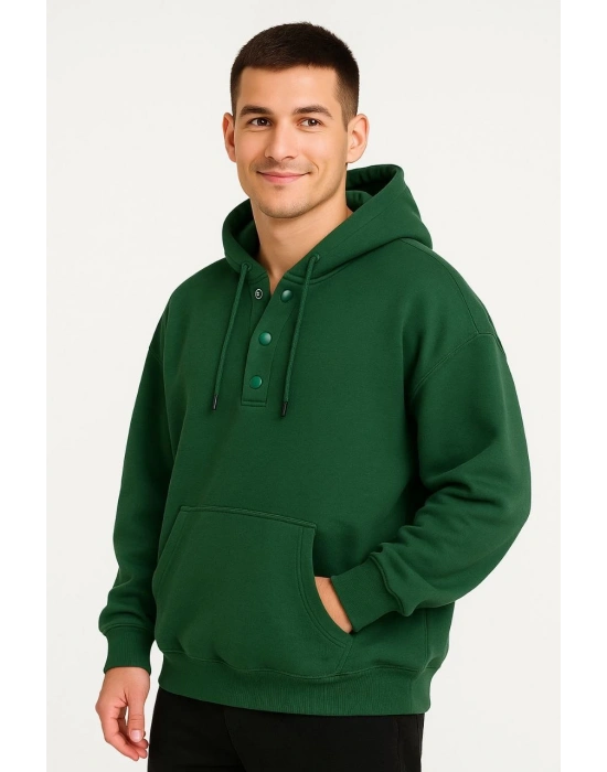 Ovarsize Kapüşonlu  sweatshirt Kanguru Çepli Cıtcıtlı 3 iplik Şardonlu Hoodie - Haki -
