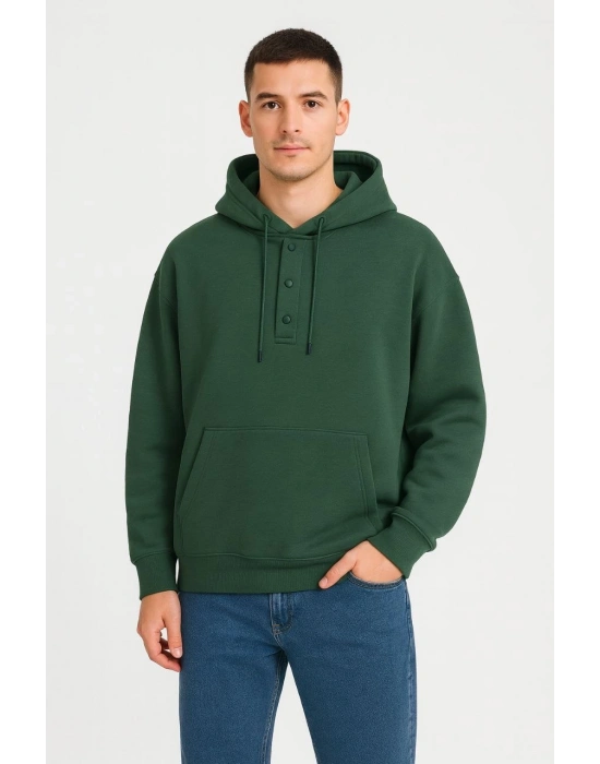 Ovarsize Kapüşonlu  sweatshirt Kanguru Çepli Cıtcıtlı 3 iplik Şardonlu Hoodie - Haki -