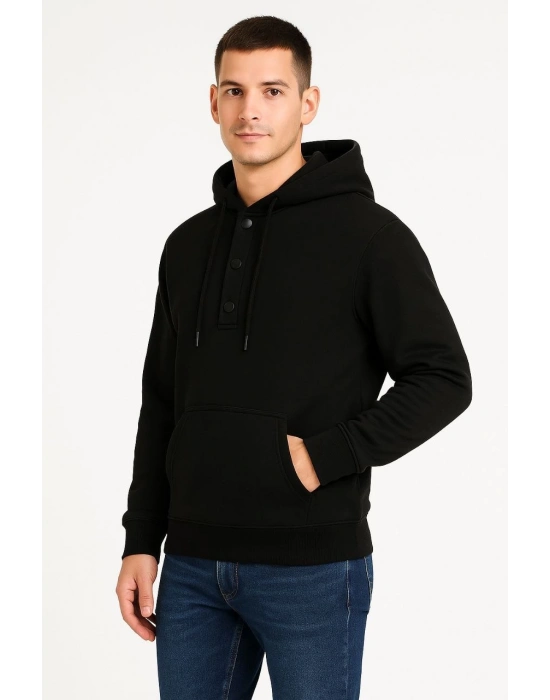 Ovarsize Kapüşonlu  sweatshirt Kanguru Çepli Cıtcıtlı 3 iplik Şardonlu Hoodie - Siyah -
