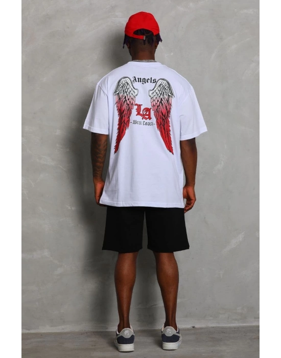 Oversize Baskılı Bisiklet Yaka T-Shirt - Beyaz -