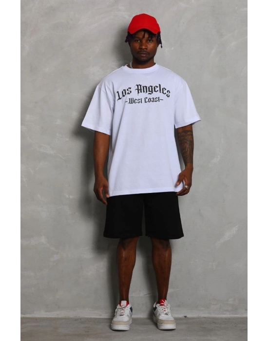 Oversize Baskılı Bisiklet Yaka T-Shirt - Beyaz -