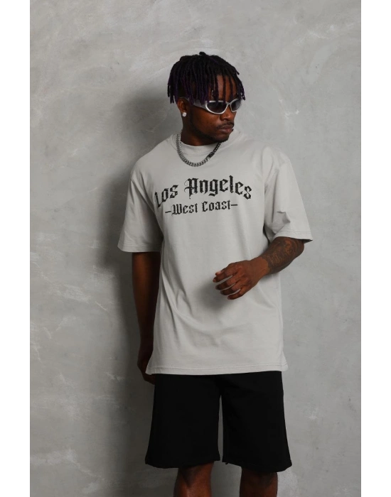 Oversize Baskılı Bisiklet Yaka T-Shirt - Gri -