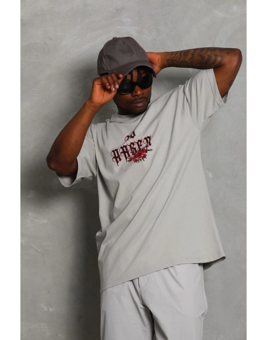 Oversize Baskılı Bisiklet Yaka T-Shirt - Gri -