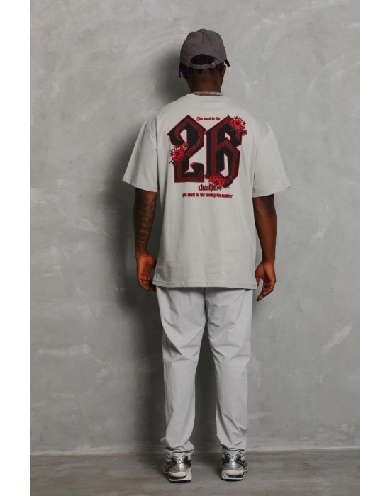 Oversize Baskılı Bisiklet Yaka T-Shirt - Gri -