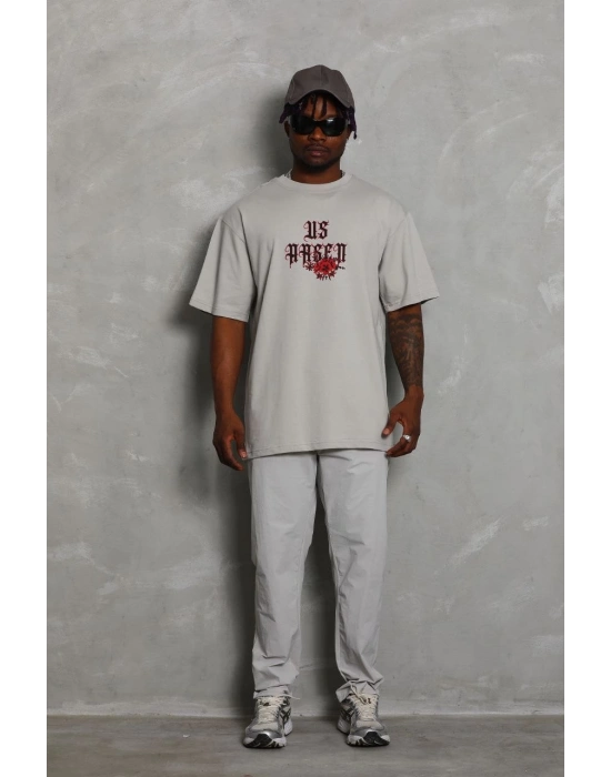 Oversize Baskılı Bisiklet Yaka T-Shirt - Gri -