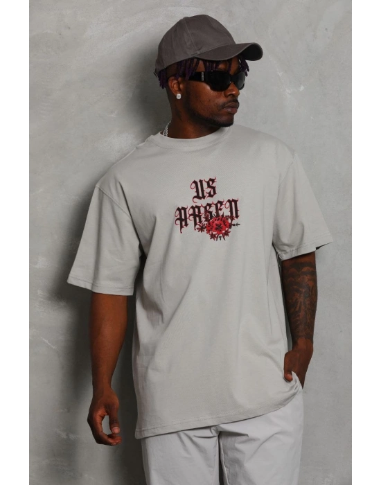 Oversize Baskılı Bisiklet Yaka T-Shirt - Gri -