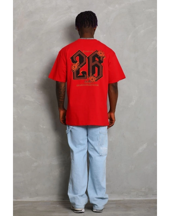 Oversize Baskılı Bisiklet Yaka T-Shirt - Kırmızı -