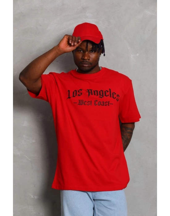 Oversize Baskılı Bisiklet Yaka T-Shirt - Kırmızı -