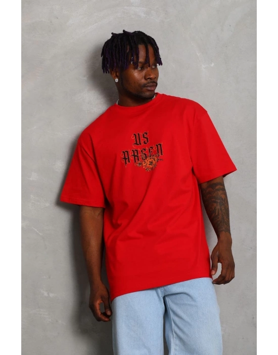 Oversize Baskılı Bisiklet Yaka T-Shirt - Kırmızı -