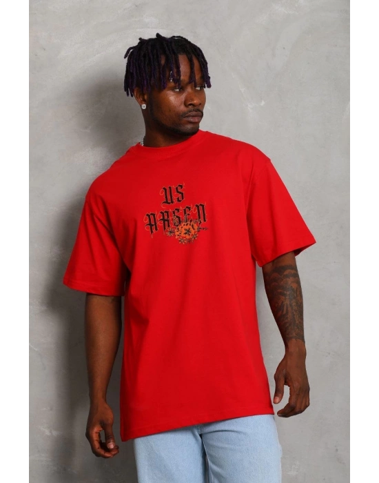 Oversize Baskılı Bisiklet Yaka T-Shirt - Kırmızı -