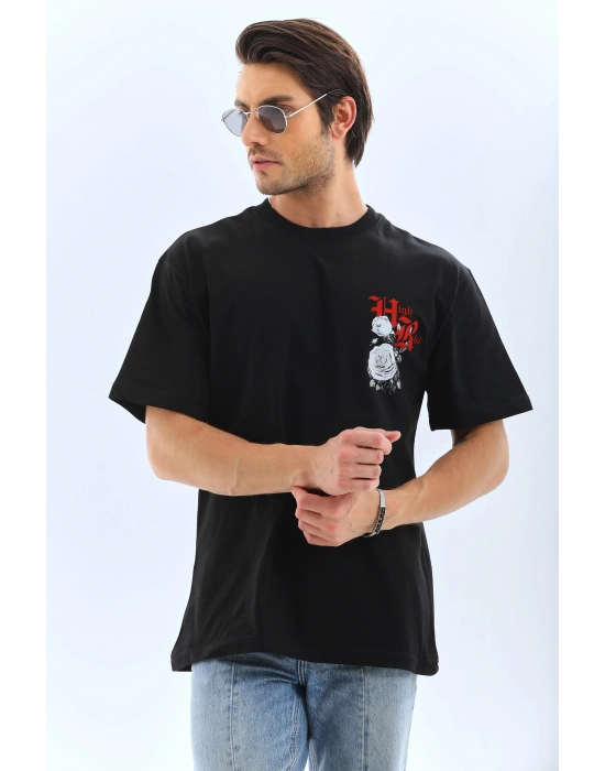 Oversize Baskılı Bisiklet Yaka T-Shirt - Siyah -