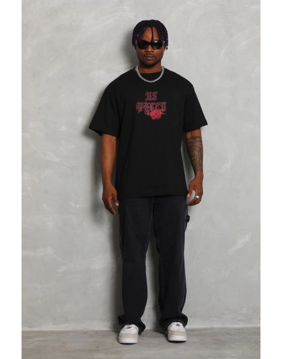 Oversize Baskılı Bisiklet Yaka T-Shirt - Siyah -